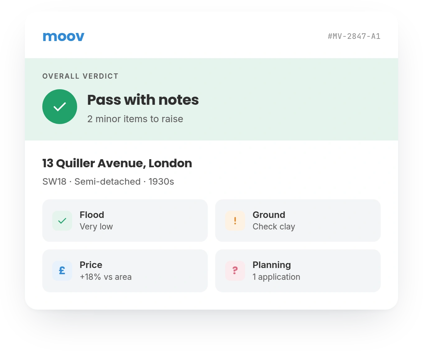 Example moov property intelligence report showing an overall verdict and risk dimensions.